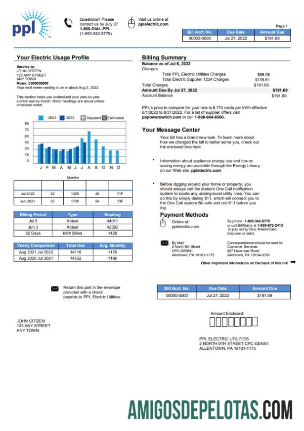 Em branco modelo de conta de serviços públicos Philadelphia PPL dos EUA em formato Word e PDF